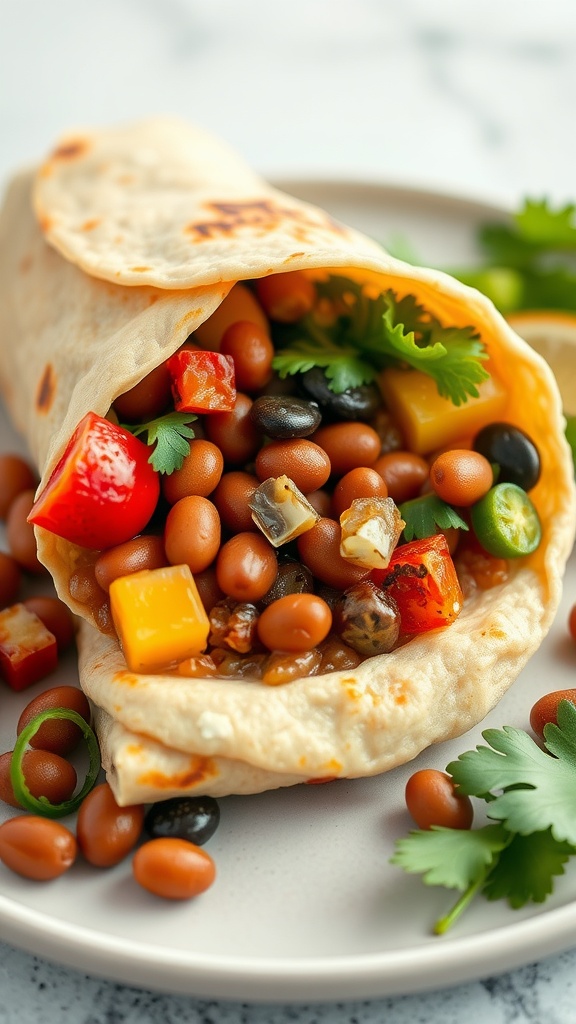 Vegetarian breakfast burrito filled with beans and vegetables