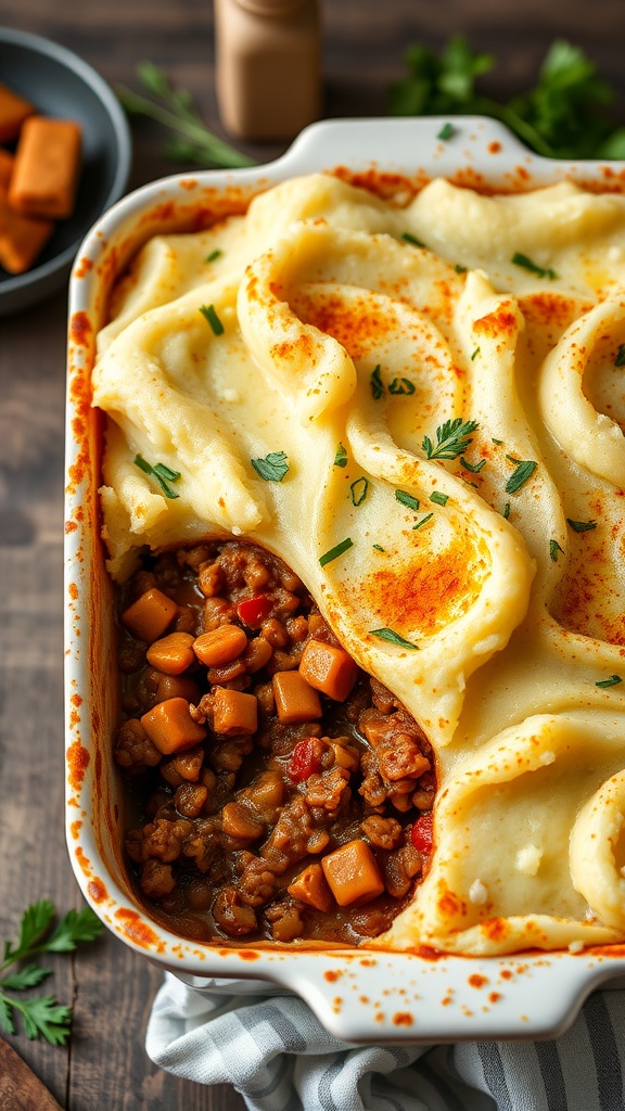 A delicious vegetarian lentil shepherd's pie with creamy mashed potatoes on top
