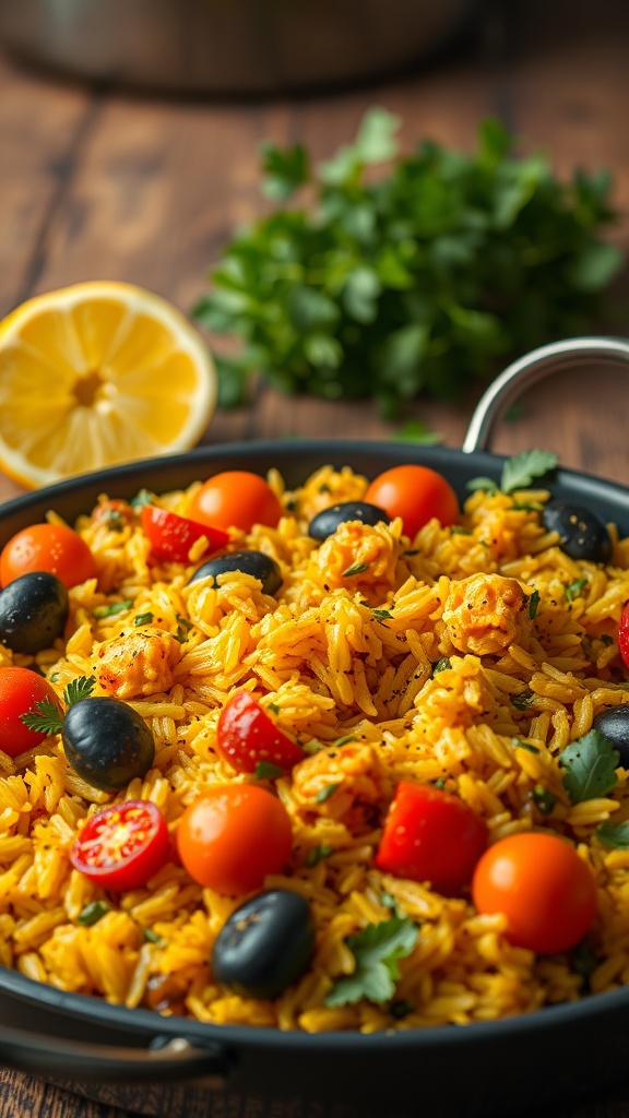 A colorful vegetarian paella with saffron rice, olives, and tomatoes garnished with lemon and parsley.