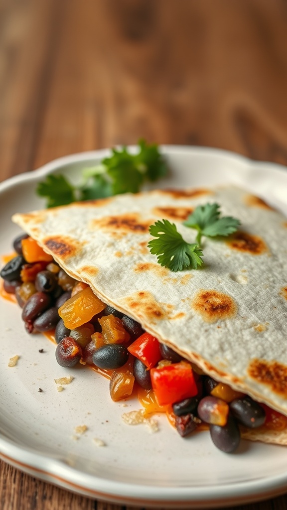 Delicious vegetarian quesadillas filled with black beans and colorful vegetables, garnished with cilantro.