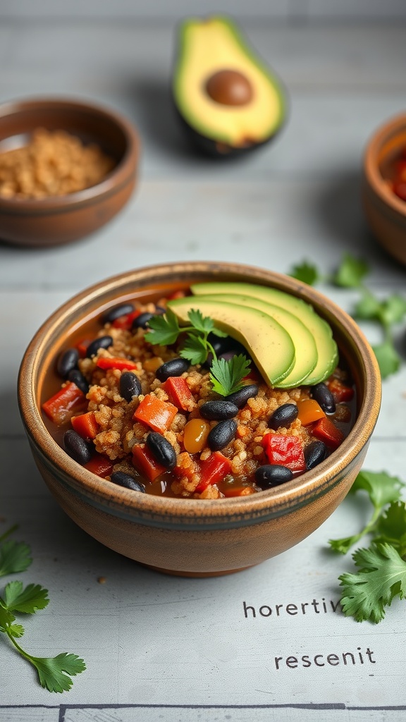 A bowl of colorful Vegetarian Quinoa and Black Bean Chili topped with avocado and cilantro.