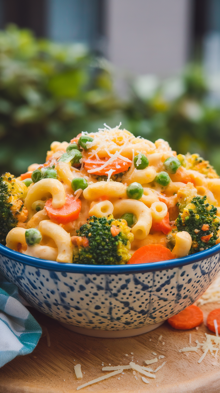 A bowl of veggie-packed mac and cheese featuring macaroni, broccoli, carrots, and peas topped with cheese.