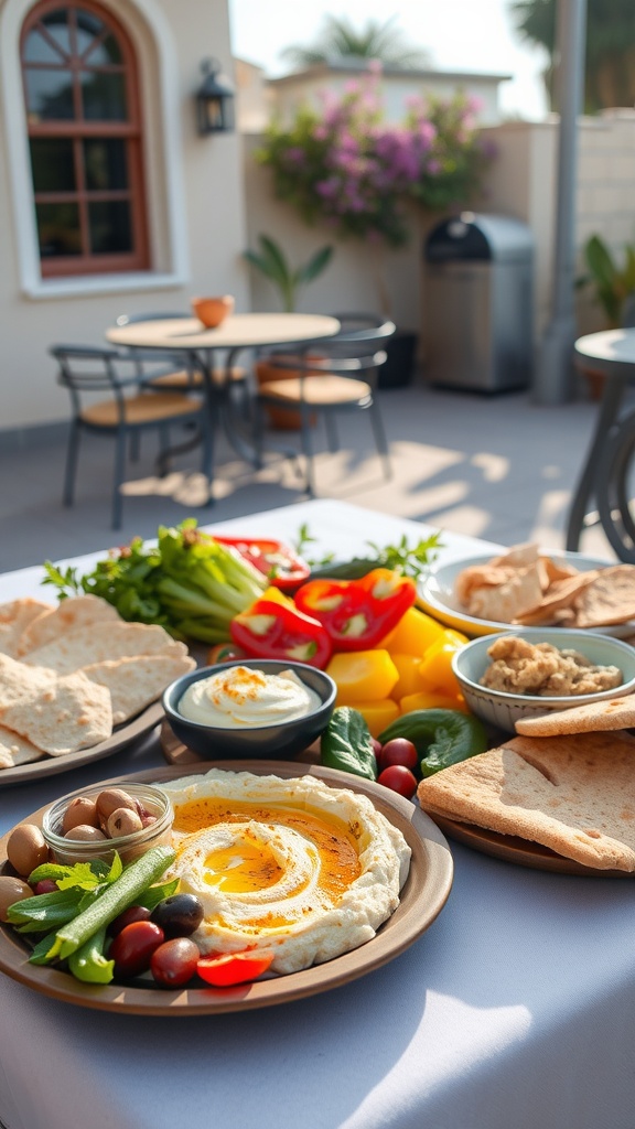 A vibrant Mediterranean spread with hummus, fresh vegetables, olives, and pita bread.