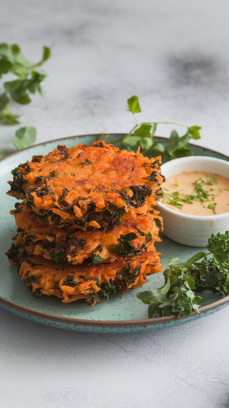 Plate of sweet potato kale fritters with dipping sauce