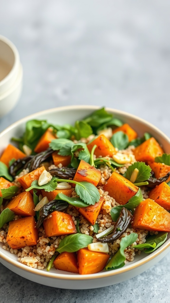 Warm quinoa and sweet potato salad with fresh greens and nuts