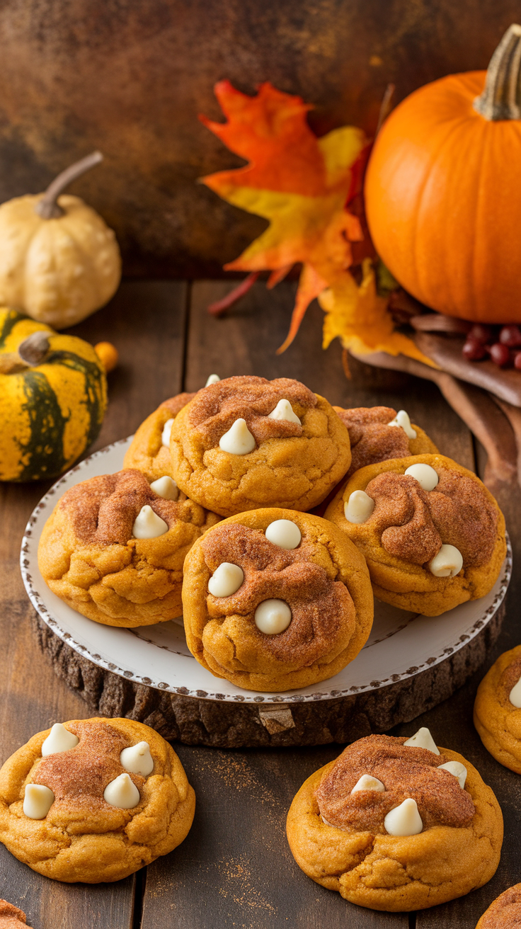 Plate of white chocolate pumpkin snickerdoodles surrounded by pumpkins and autumn leaves.