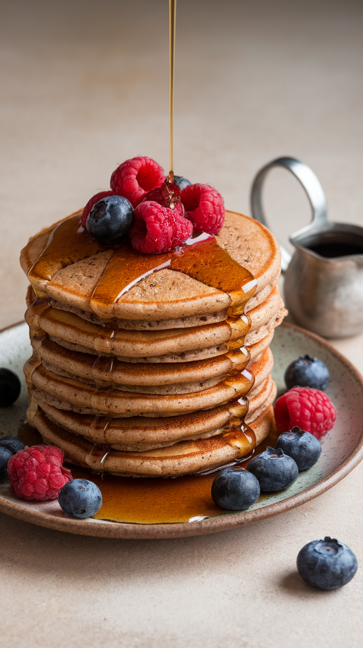 Whole grain pancakes topped with maple syrup and fresh berries.