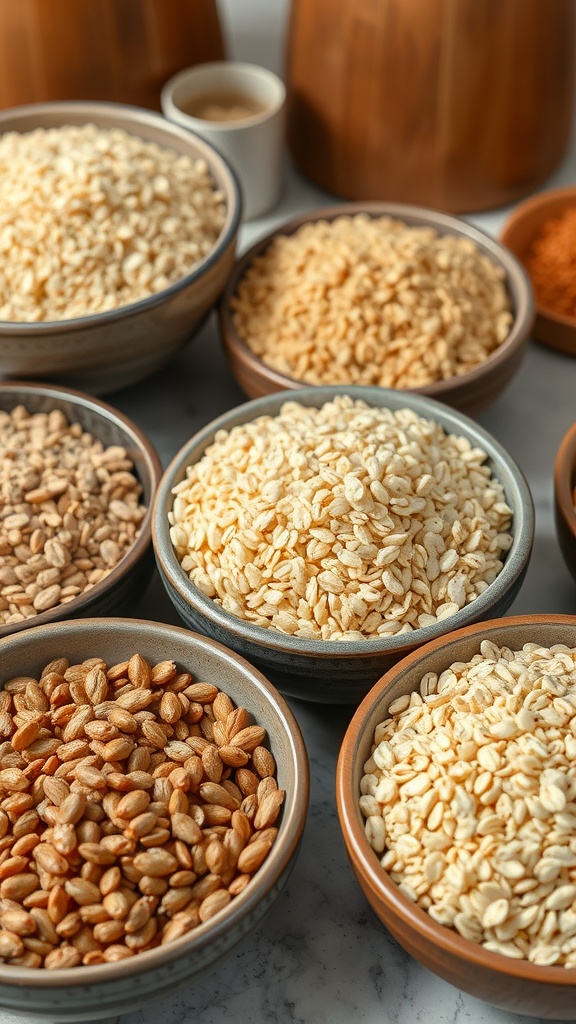 Various bowls filled with different types of whole grains.