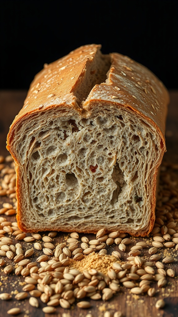A loaf of whole wheat bread with a textured crust and soft crumb.