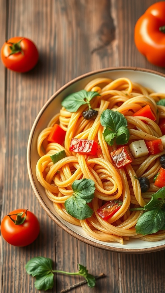 A bowl of whole wheat pasta primavera with colorful vegetables garnished with basil.