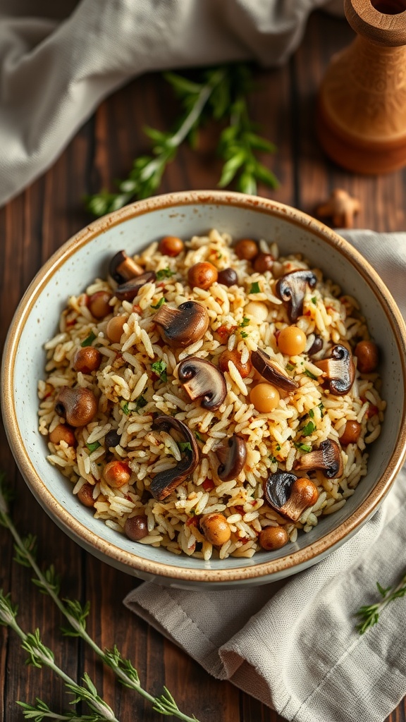 Wild Rice and Mushroom Pilaf in a bowl with herbs