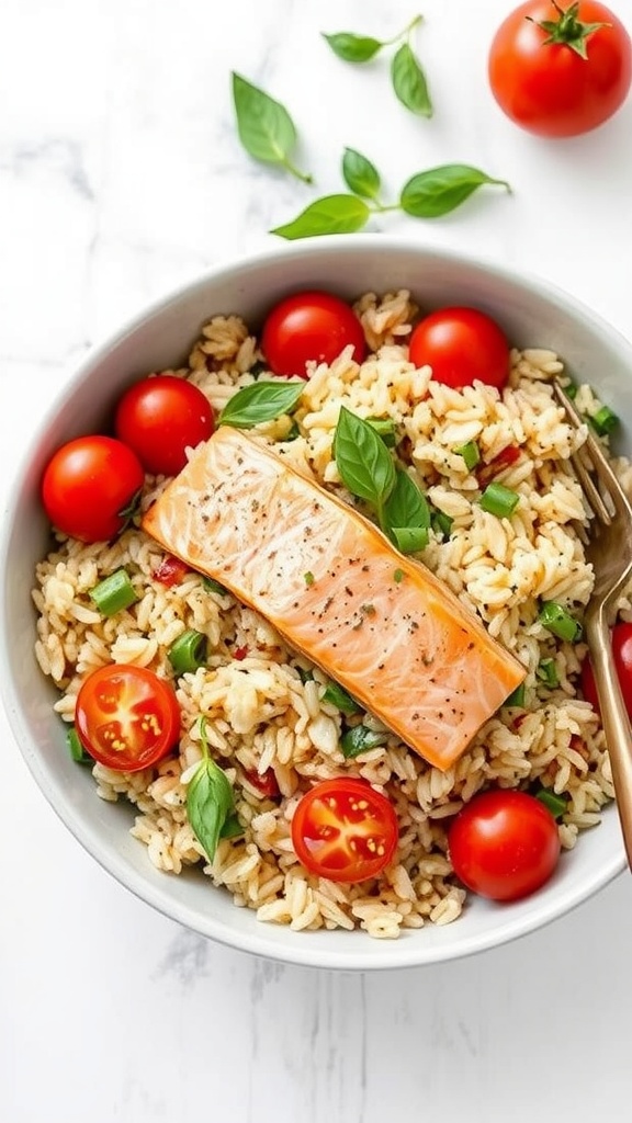 A bowl of wild rice salad topped with salmon, cherry tomatoes, and fresh basil.