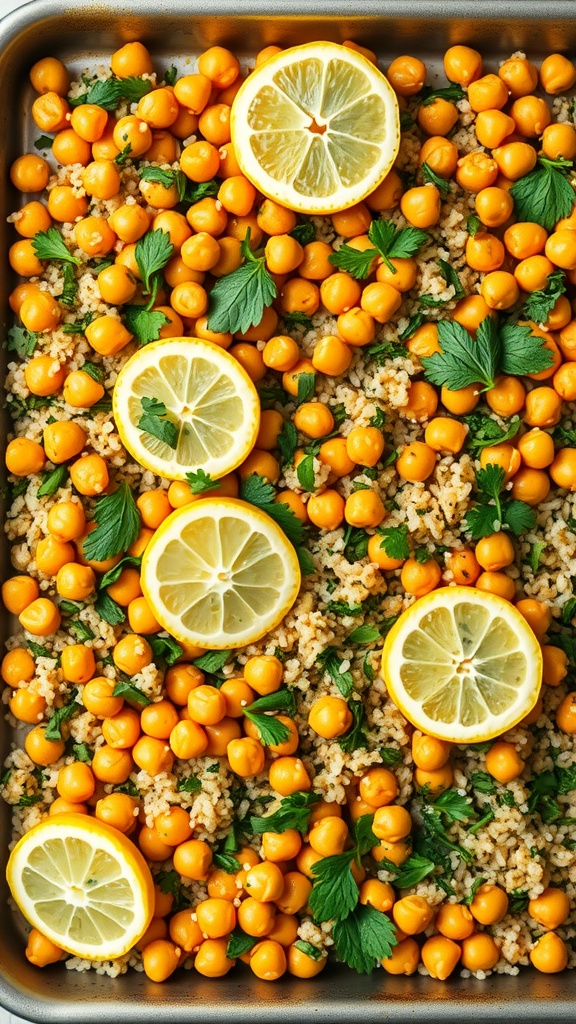 A vibrant Zesty Chickpea and Quinoa Bake with chickpeas, quinoa, lemon slices, and parsley.