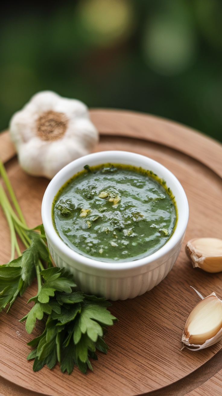 A bowl of zesty chimichurri sauce with garlic and parsley on a wooden platter.