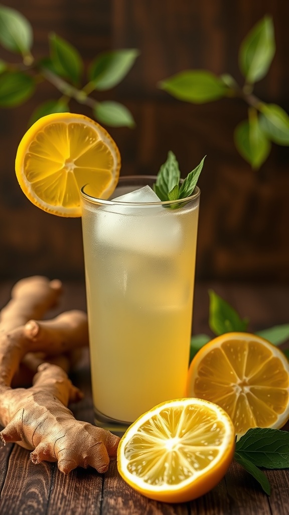 A refreshing glass of zesty ginger lemonade garnished with lemon slices and mint leaves.