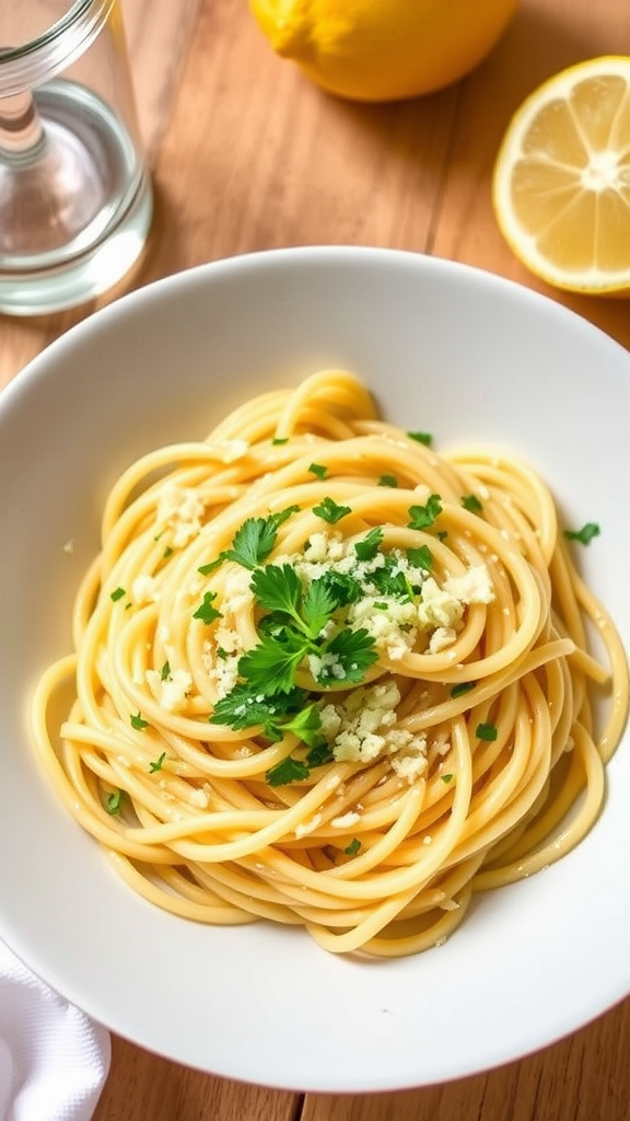 A plate of Zesty Lemon Garlic Pasta garnished with parsley and lemon slices.