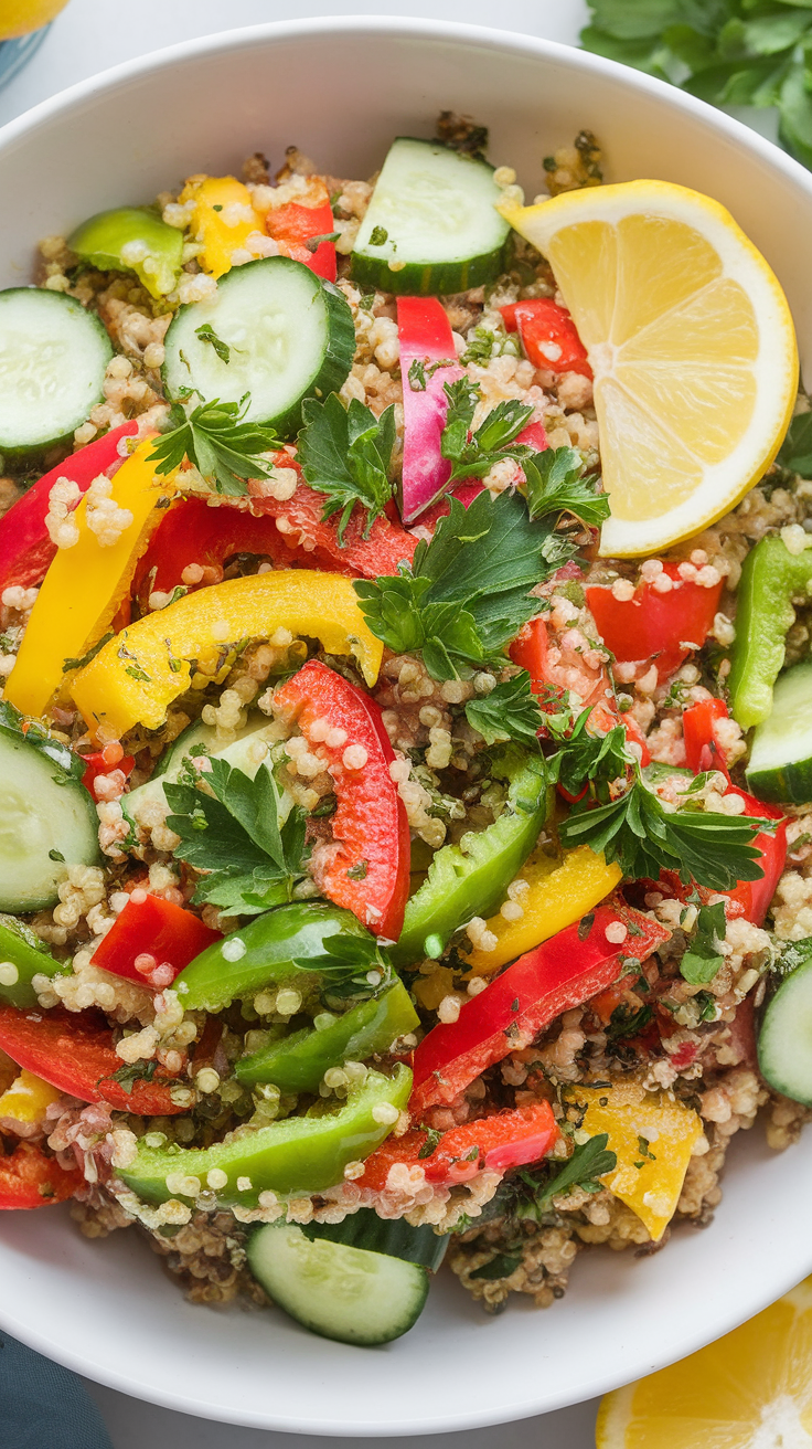 A colorful quinoa salad with bell peppers, cucumber, and parsley, garnished with lemon slices.