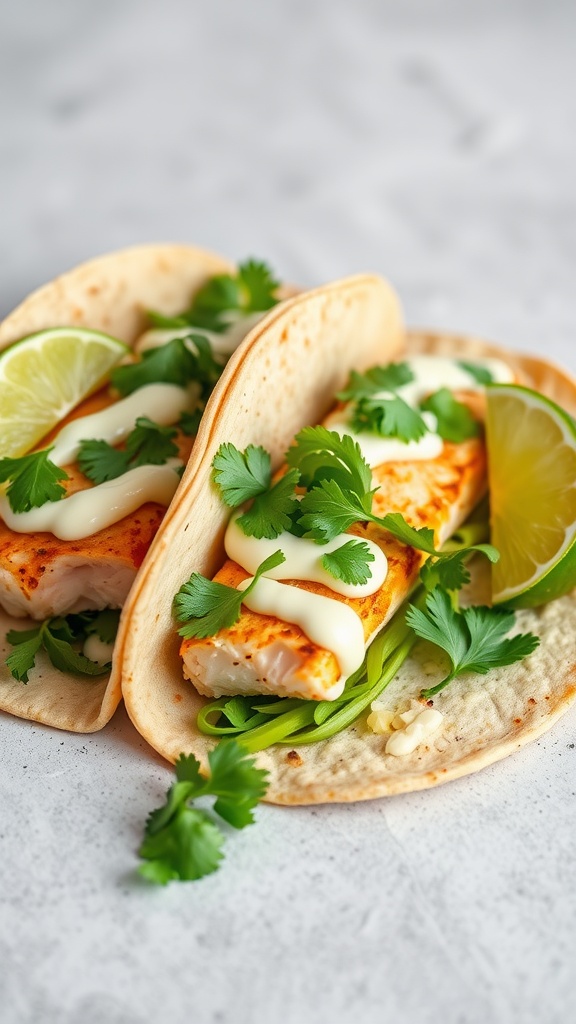 Delicious zesty lime fish tacos with cilantro and lime slices.