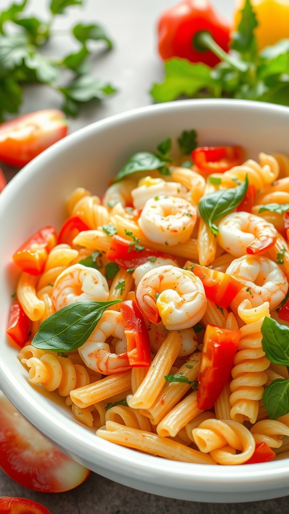 A vibrant bowl of Zesty Mardi Gras Pasta Salad with shrimp and colorful vegetables.