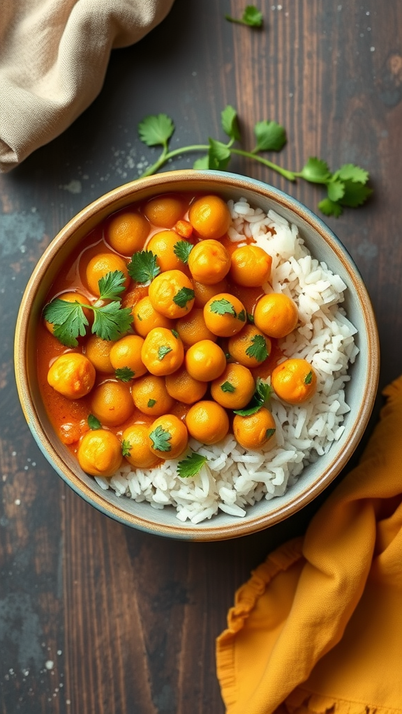 A bowl of zesty potato and chickpea curry served with rice and garnished with cilantro.