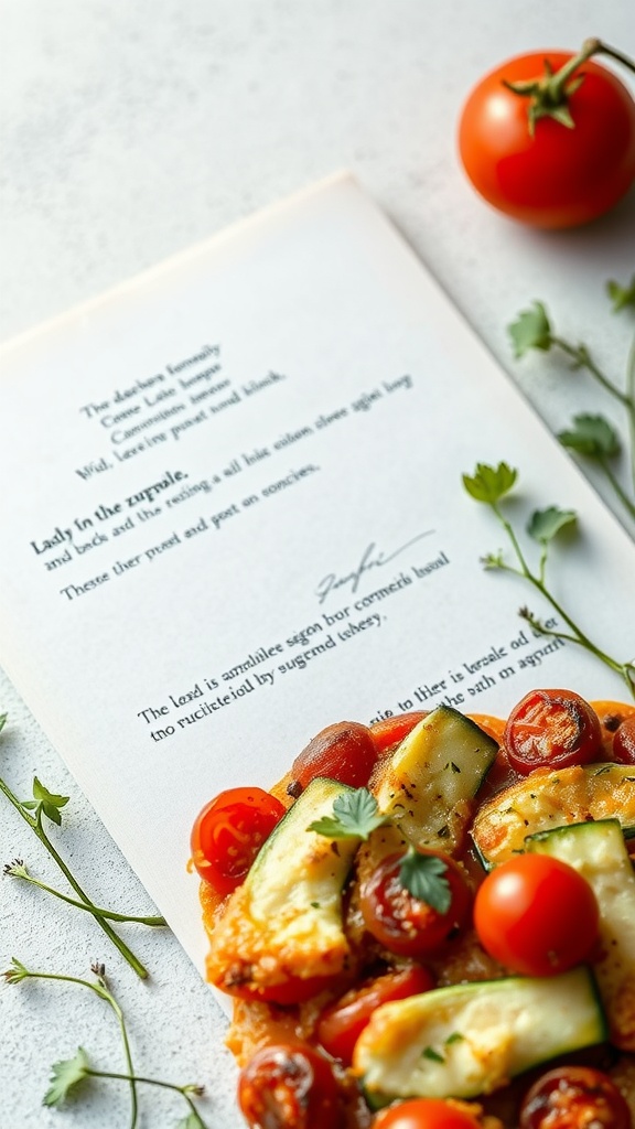 A dish of zucchini and tomato gratin with herbs and cherry tomatoes.
