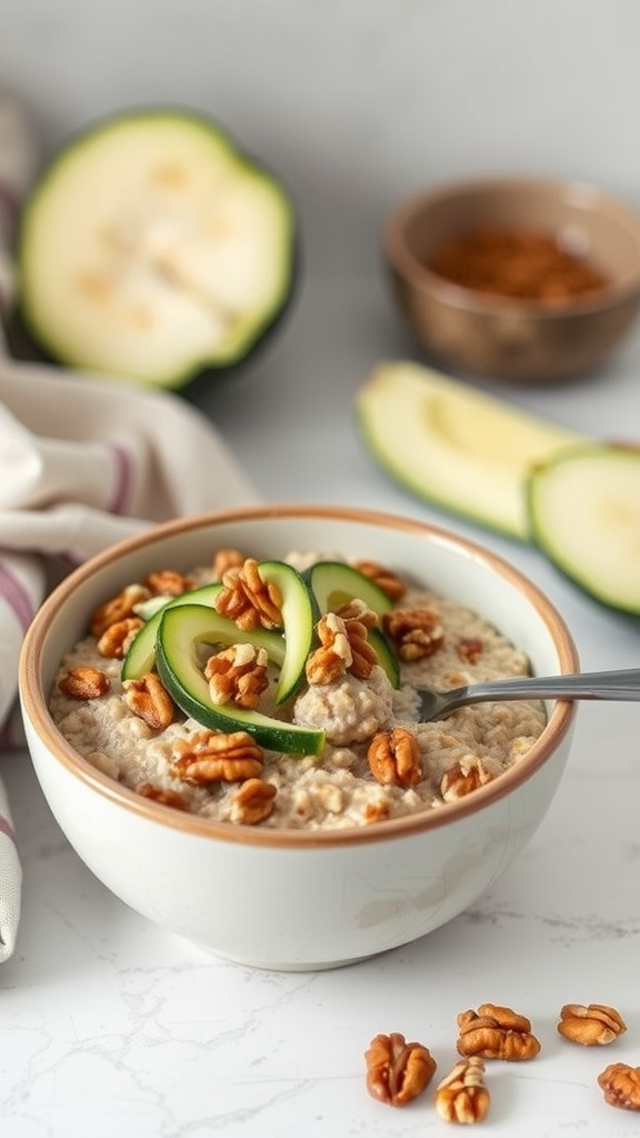 A bowl of zucchini bread oatmeal topped with nuts and sliced zucchini.