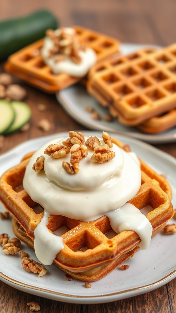 Zucchini bread waffles served with cream cheese and walnuts