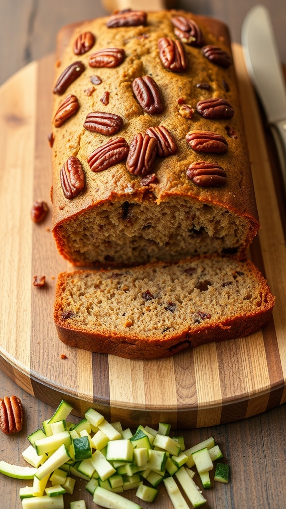 A loaf of zucchini bread topped with pecans, sliced and placed on a wooden cutting board, with diced zucchini on the side.