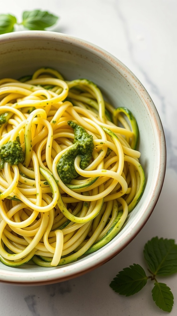 A bowl of zucchini noodles tossed with pesto sauce, garnished with fresh basil.