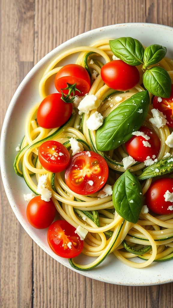 Zucchini noodles with pesto topped with cherry tomatoes and basil