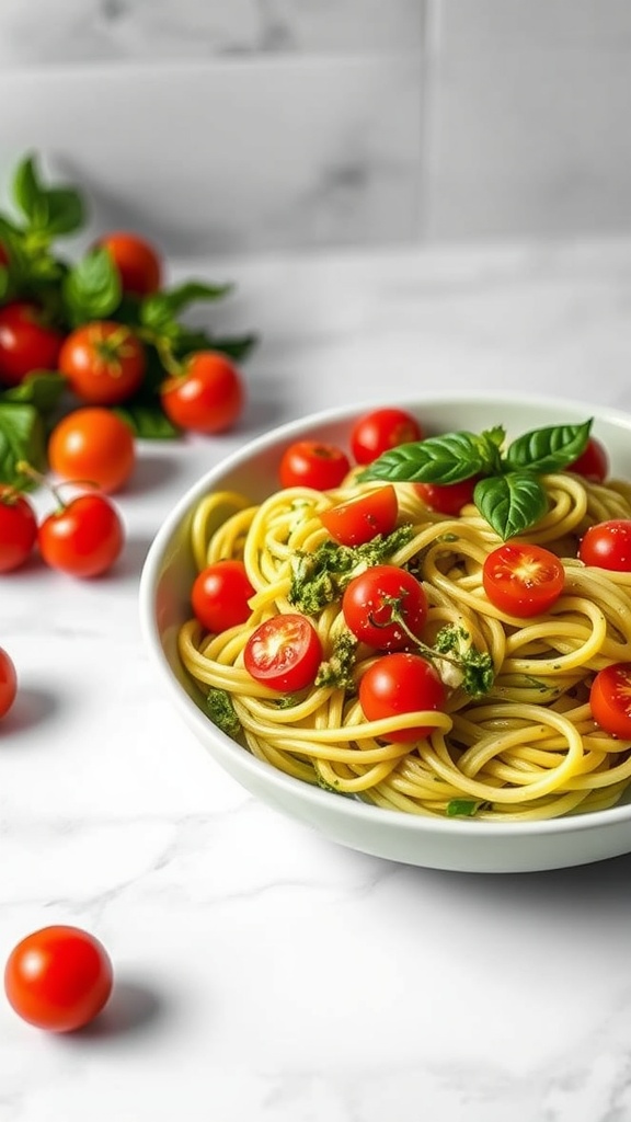 A bowl of zucchini noodles topped with pesto and cherry tomatoes.