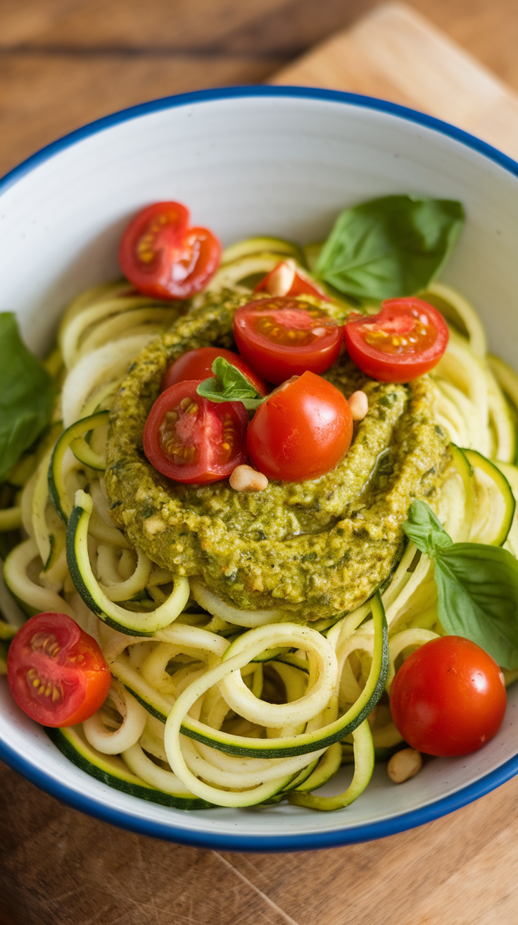 A bowl of zucchini noodles topped with pesto and cherry tomatoes, garnished with fresh basil leaves.