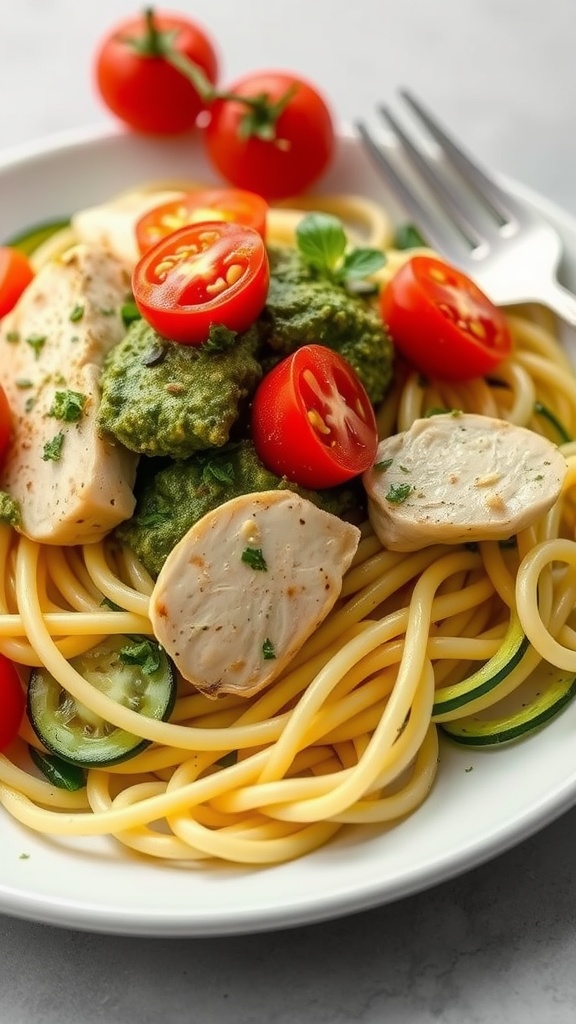 A plate of zucchini noodles topped with pesto chicken and cherry tomatoes.