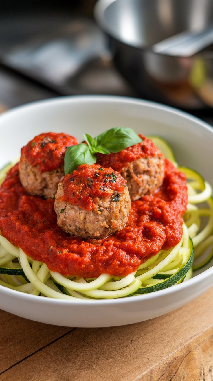 A bowl of zucchini noodles topped with turkey meatballs and marinara sauce, garnished with basil.