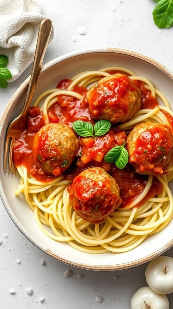 A bowl of zucchini noodles topped with turkey meatballs and marinara sauce, garnished with fresh basil.