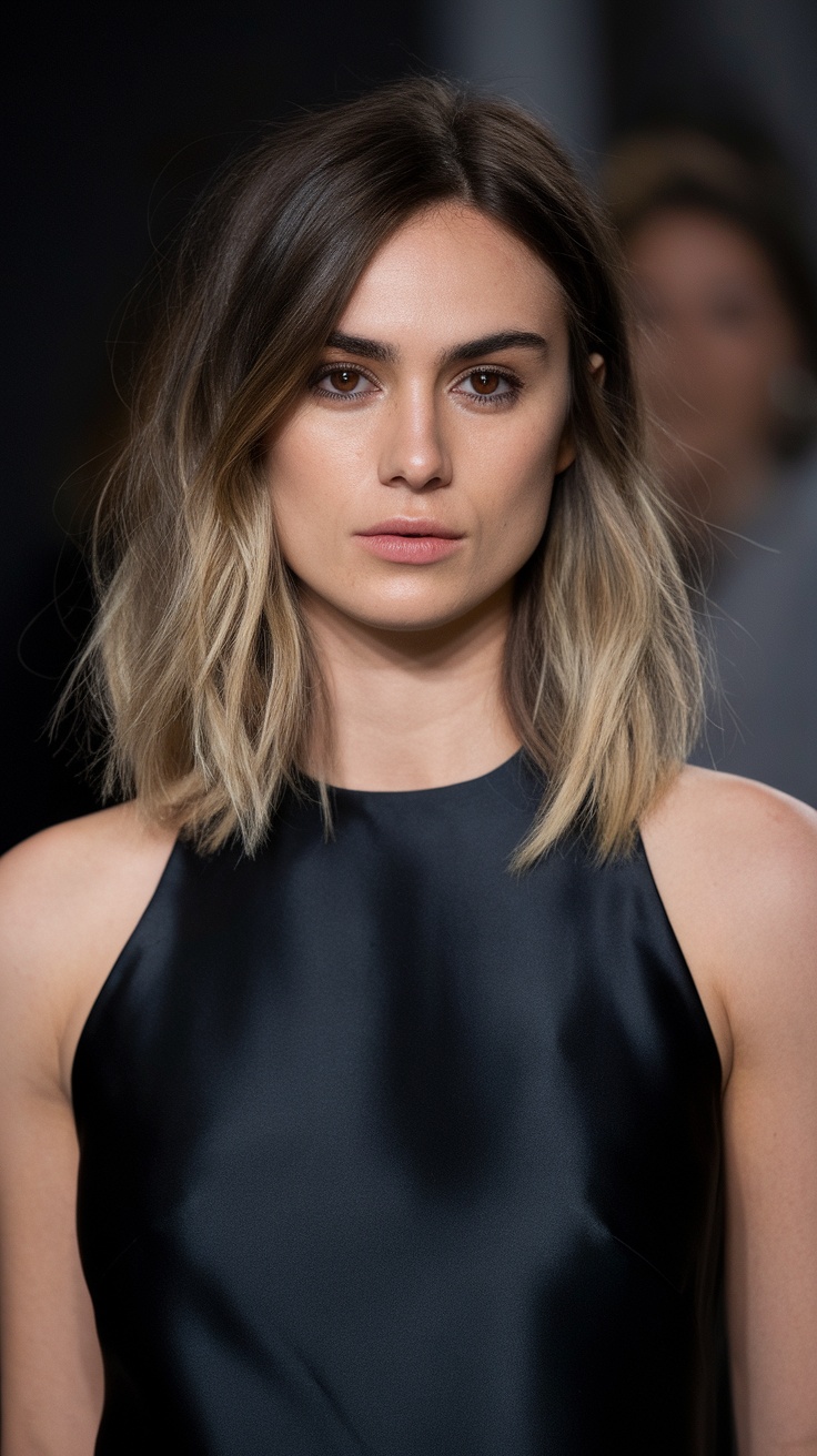 A model with face-framing layered lob hairstyle, showcasing soft layers and natural beauty.