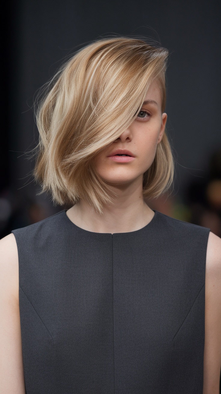 A model with an inverted layered lob haircut, featuring shorter layers in the back and longer front strands.