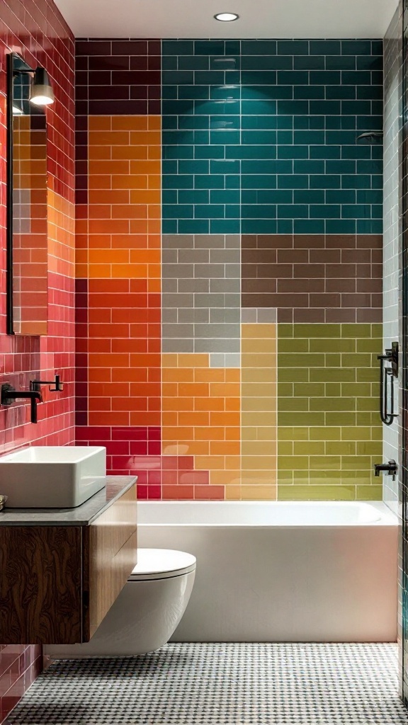 A colorful bathroom featuring vibrant ceramic tiles arranged in a grid pattern on the accent wall.