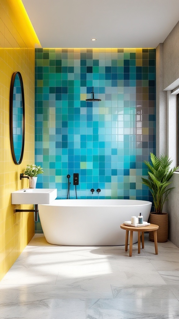 A bright bathroom featuring a yellow wall and blue mosaic tiles, with a white bathtub and plants.