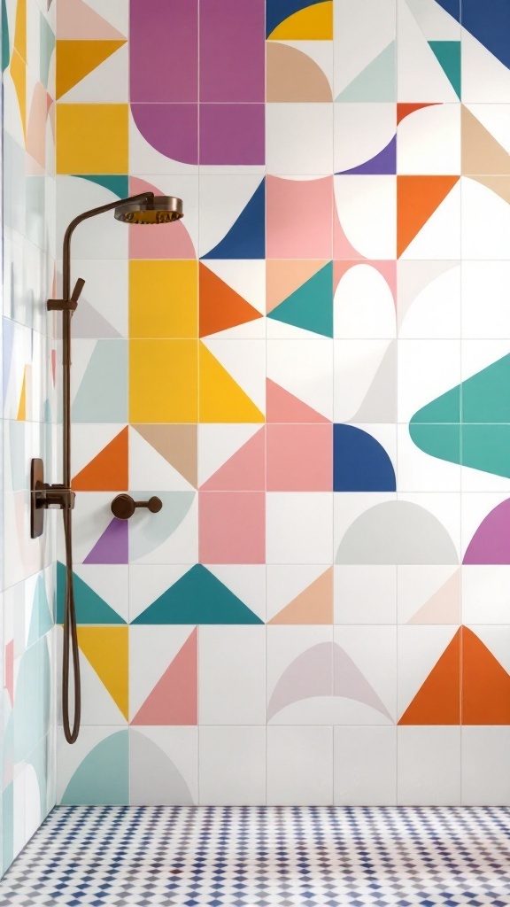 Colorful geometric patterned tiles on a bathroom wall with a shower fixture