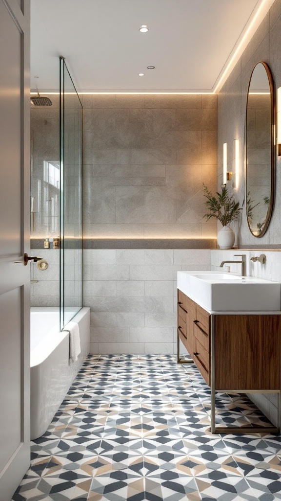 A modern bathroom featuring bold geometric patterned floor tiles, sleek fixtures, and a wooden vanity.