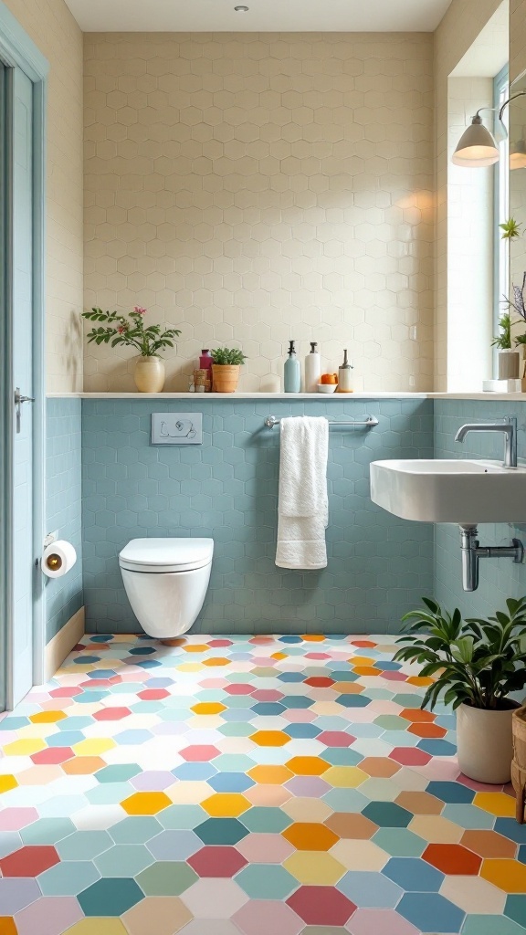 Colorful hexagon tiles on bathroom floor with pastel tones and plants.