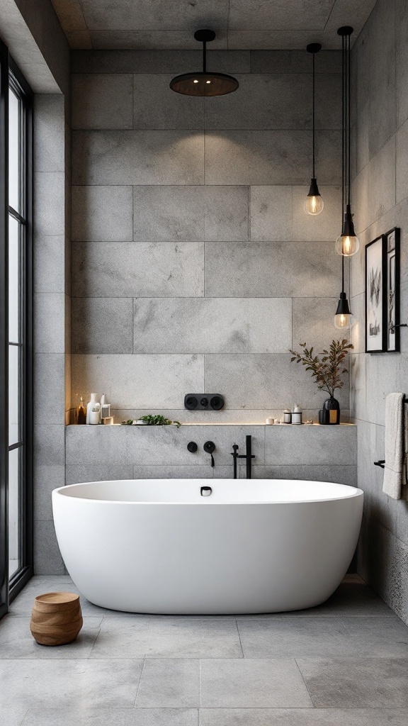 A stylish bathroom featuring concrete tiles, a white freestanding bathtub, and industrial lighting.
