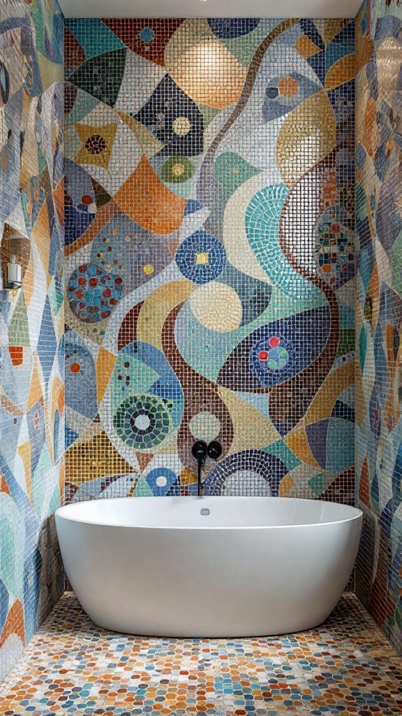 A bathroom with intricate mosaic tile designs on the walls and floor, featuring colorful patterns and a white bathtub.