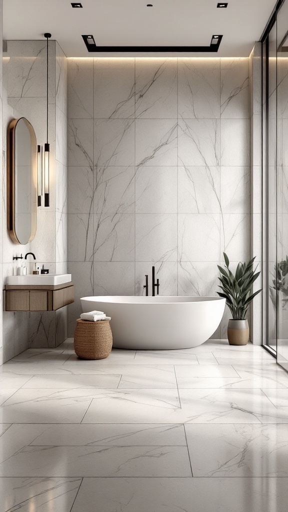 A modern bathroom featuring large format tiles, a freestanding tub, and natural decor.