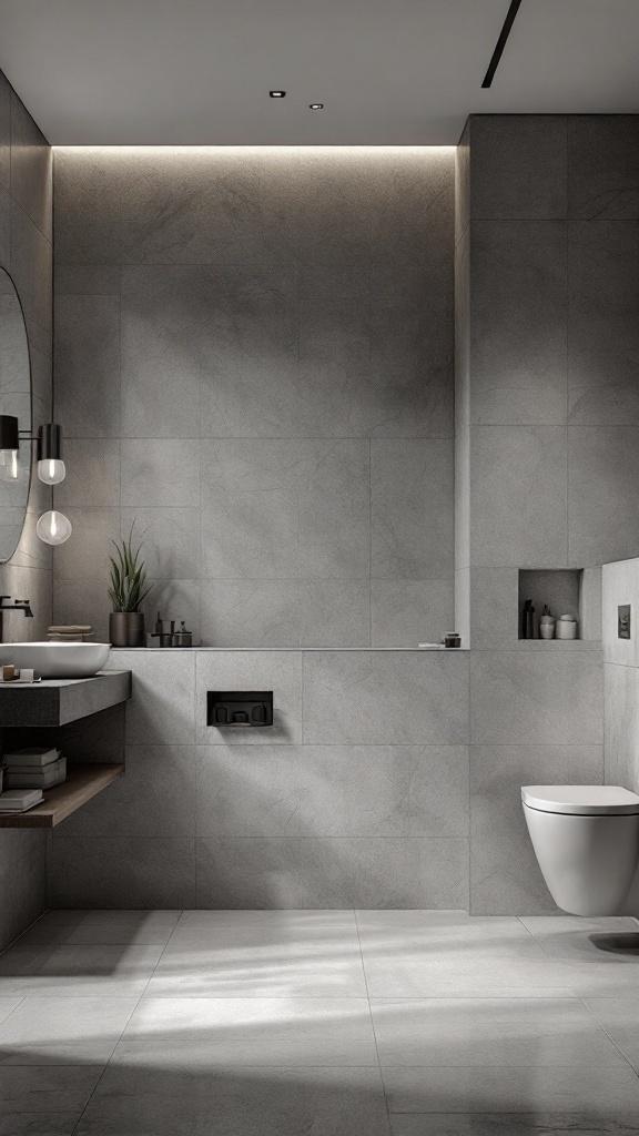 A modern bathroom with gray ceramic tiles, a round mirror, and minimalist decor.