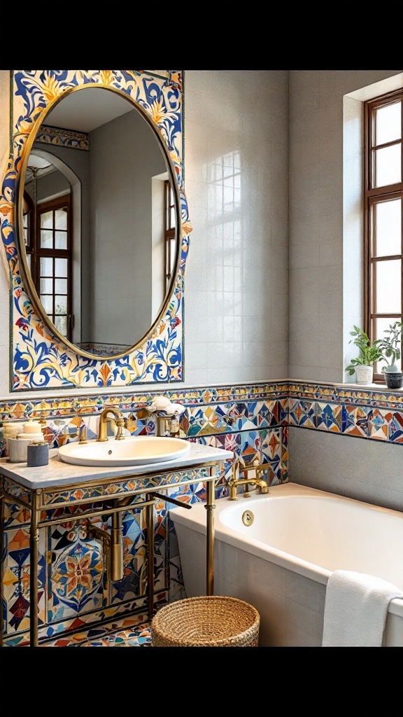 A stylish bathroom featuring colorful mosaic tiles around the mirror and sink, a white bathtub, and gold fixtures.