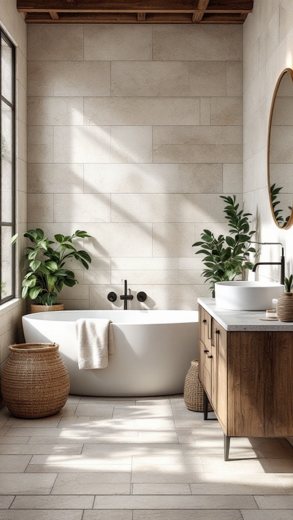A modern bathroom featuring natural stone lookalike tiles, a freestanding tub, wooden accents, and greenery.