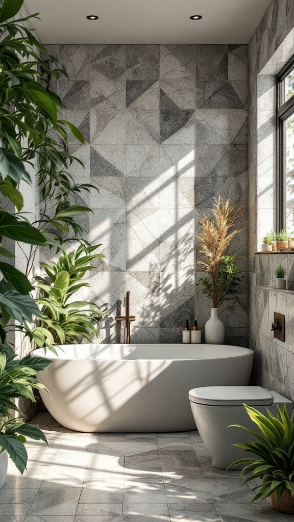 A modern bathroom featuring nature-inspired stone tiles with geometric patterns, a freestanding tub, and lush green plants.