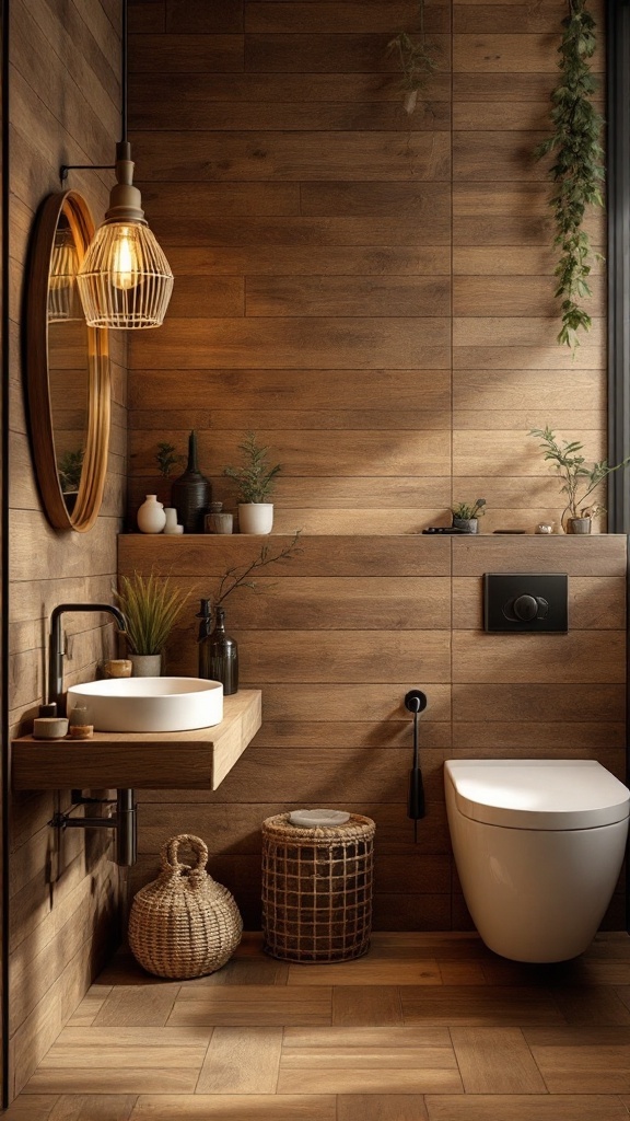 A bathroom featuring rustic wood look tiles on the walls, a modern sink, and natural decor elements.